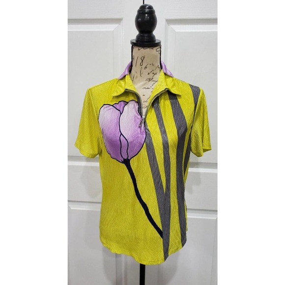 DKNY GOLF Yellow Lavender Gray Crinkle Fabric 1/2 Zip Short Sleeve Top Medium - Picture 1 of 5